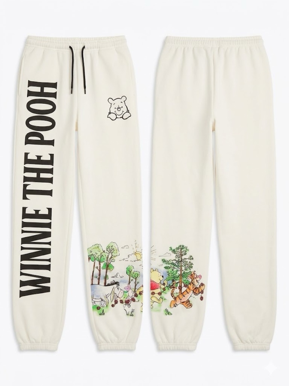 Disney Cream Winnie the Pooh Track Pants with Brown Logo and Colorful Print